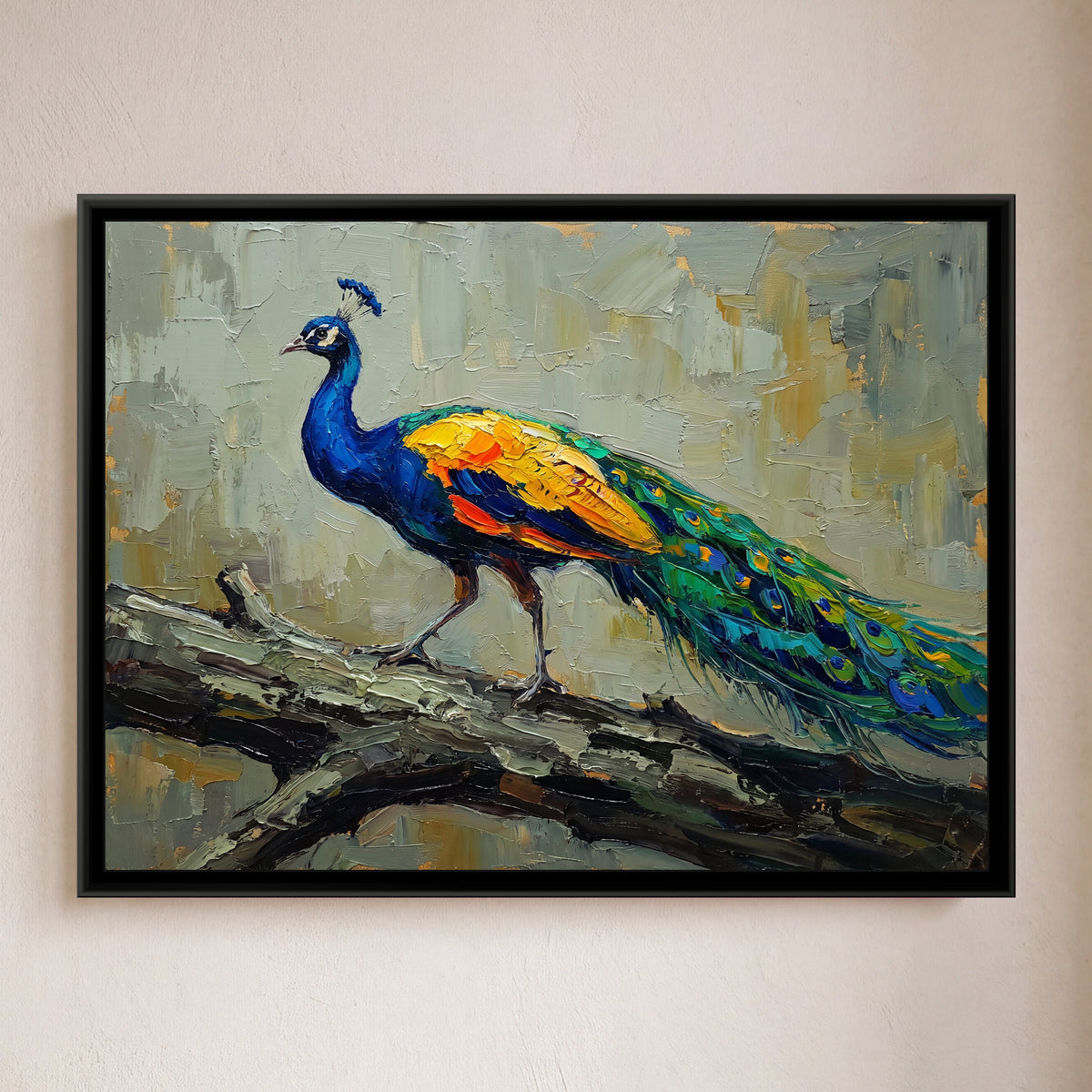 Azure Plumage on the Move - framed canvas art hung on a wall