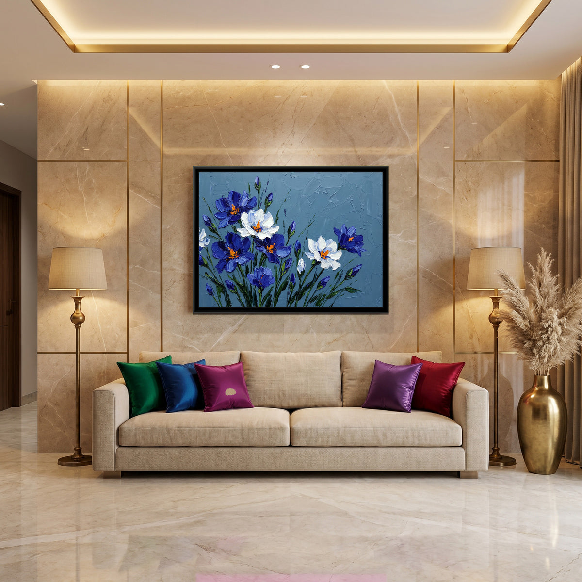 Azure Blooms - canvas art shown in a styled room