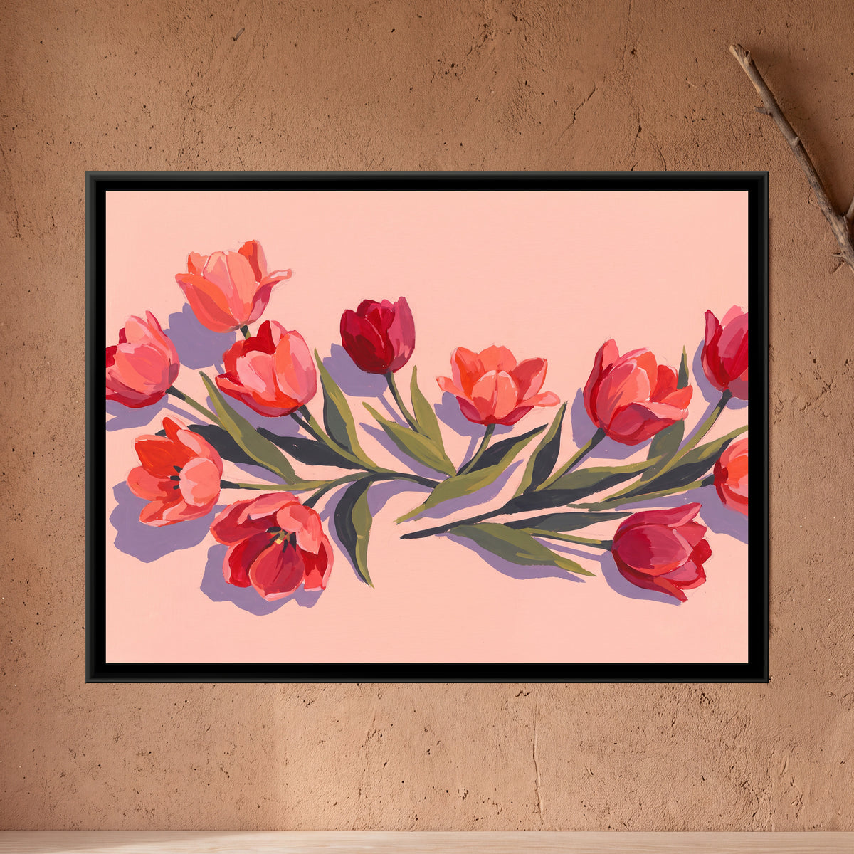 Sweeping Coral Blooms - framed canvas art hung on a wall
