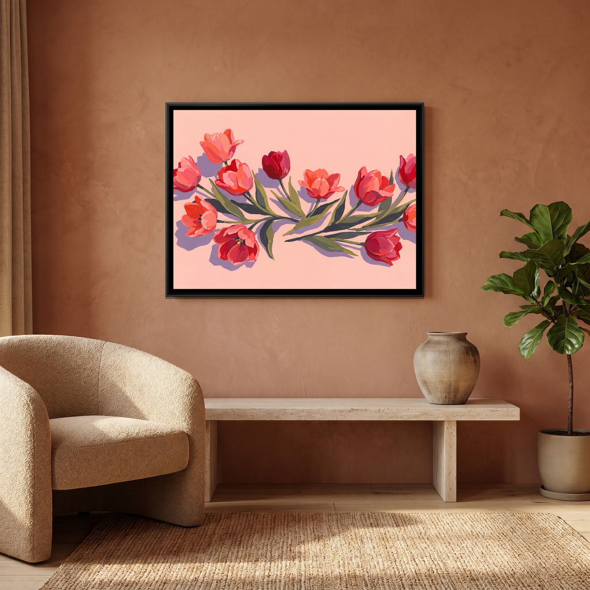 Sweeping Coral Blooms - canvas art shown in a styled room
