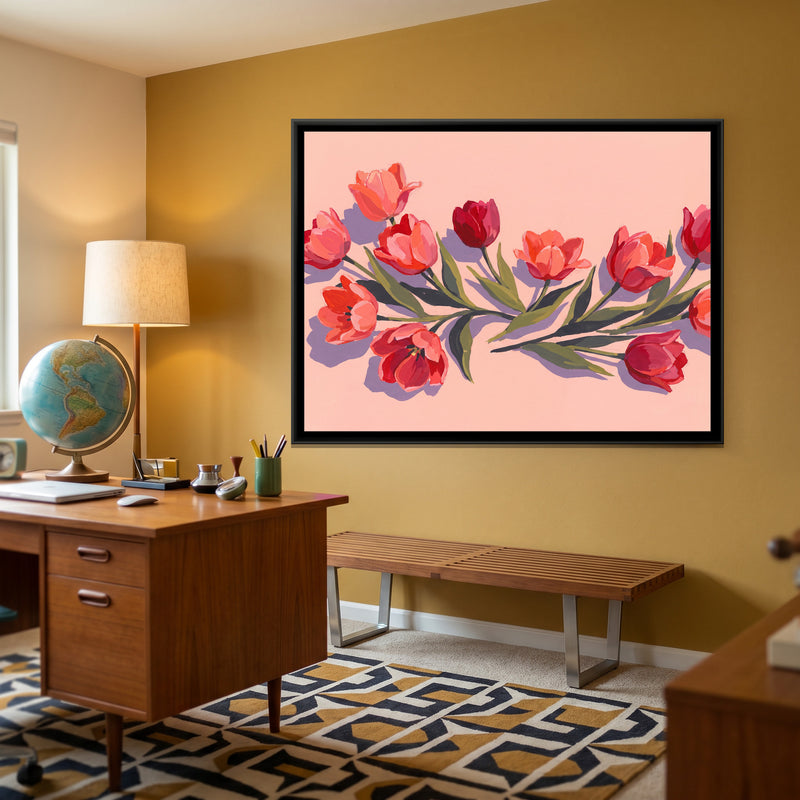 Sweeping Coral Blooms - canvas art shown in a second room setting