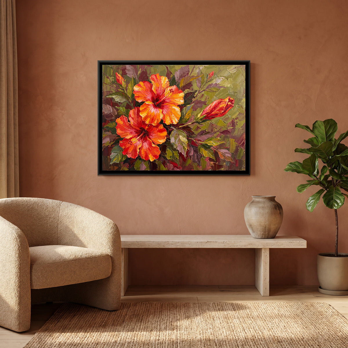 Textured Hibiscus Cluster - canvas art shown in a second room setting