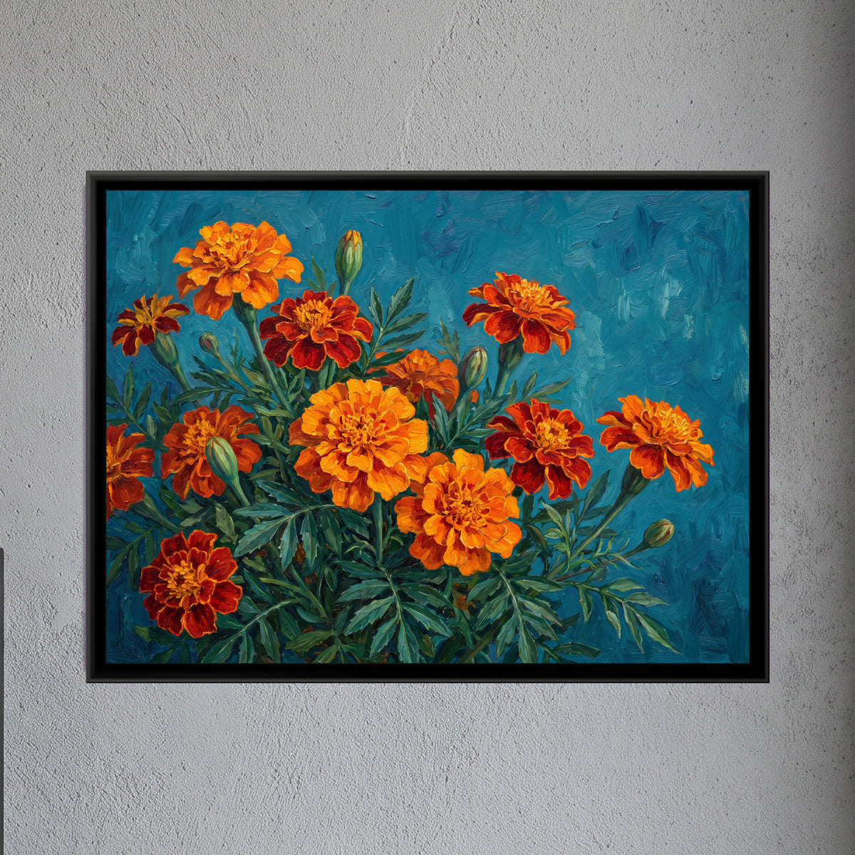 Marigolds on Teal - framed canvas art hung on a wall