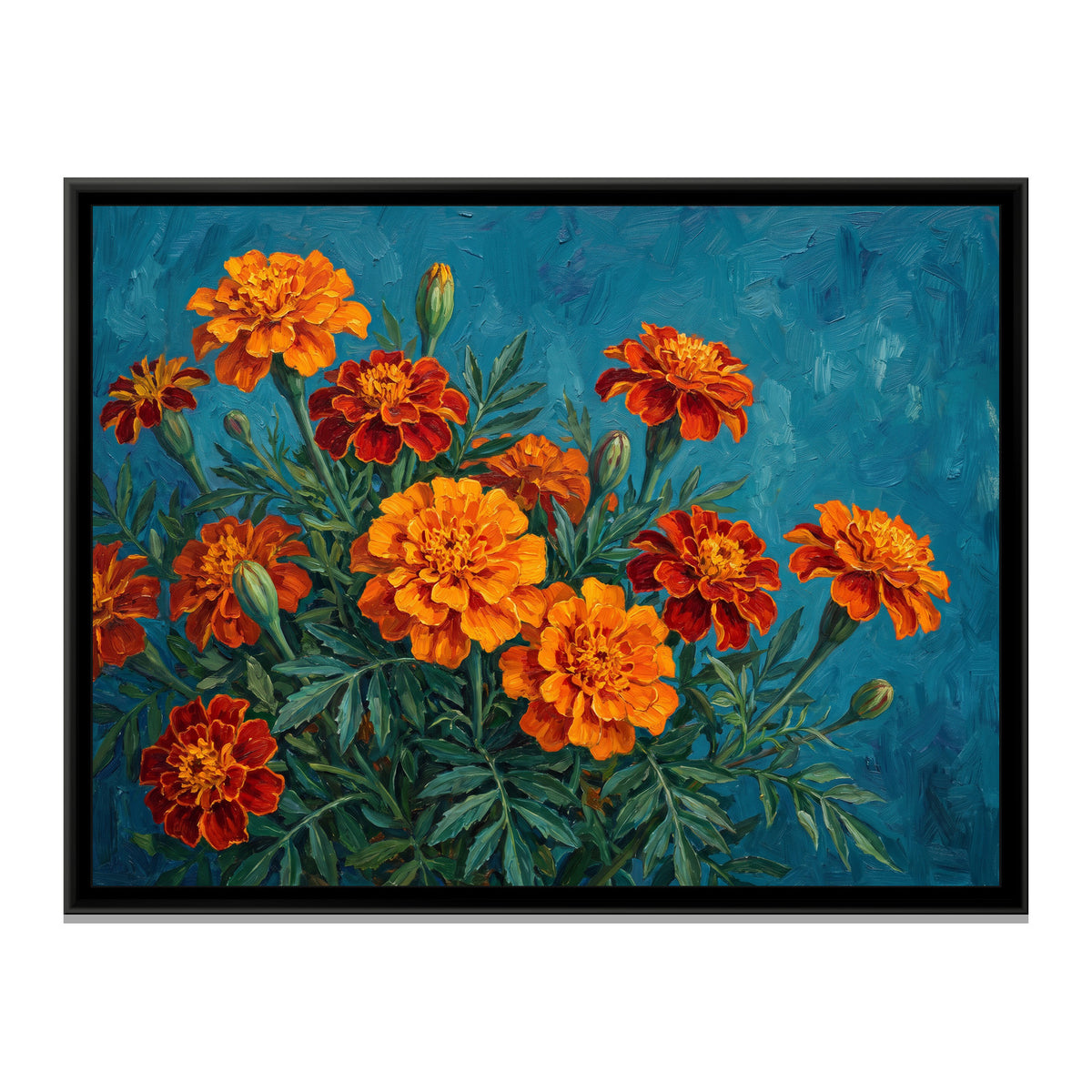 Marigolds on Teal - framed canvas print, front view