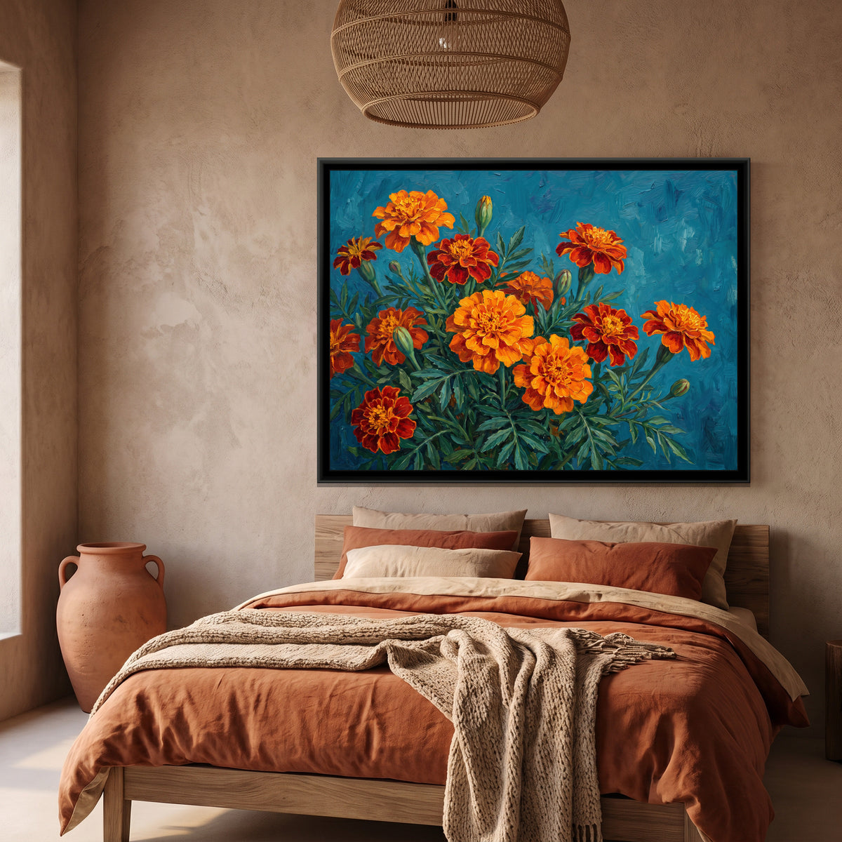 Marigolds on Teal - canvas art shown in a styled room