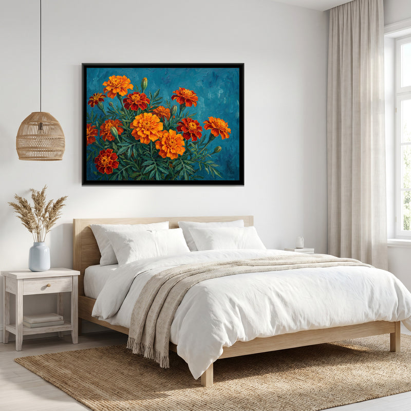 Marigolds on Teal - canvas art shown in a second room setting