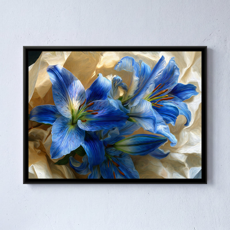 Azure Lilies on Cream - framed canvas art hung on a wall