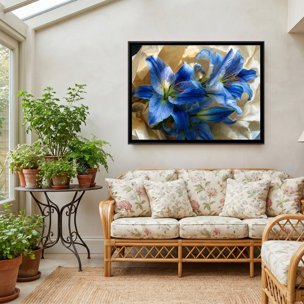 Azure Lilies on Cream - canvas art shown in a styled room