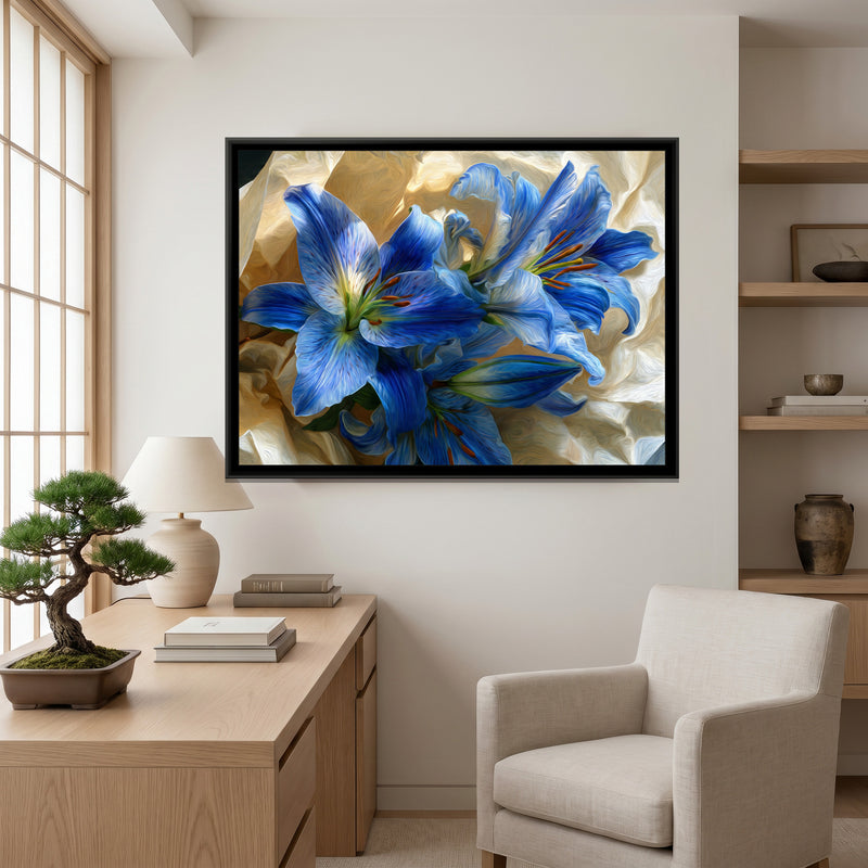Azure Lilies on Cream - canvas art shown in a second room setting