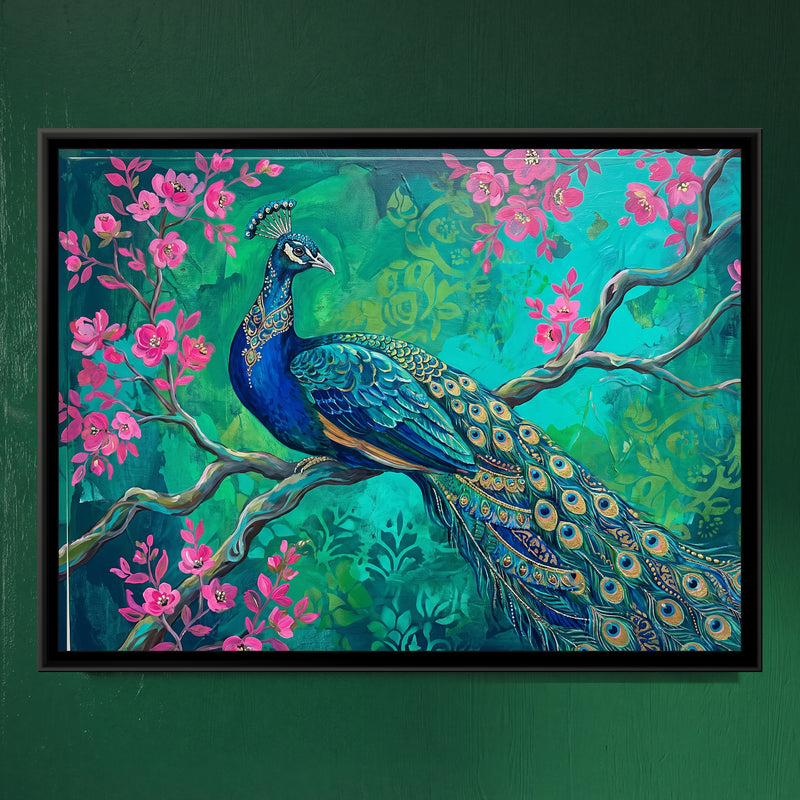 Sapphire Plumes in the Emerald Grove - framed canvas art hung on a wall