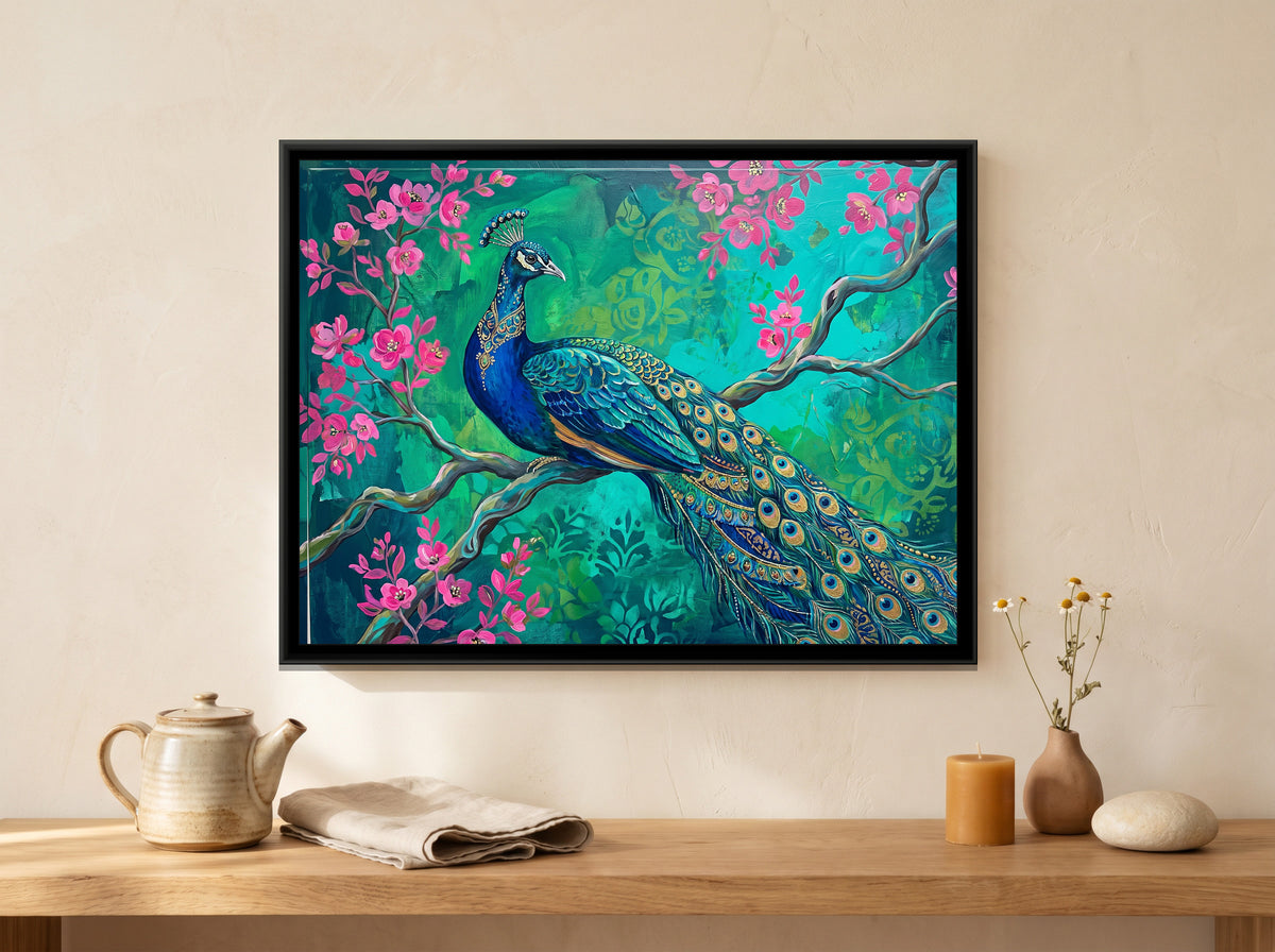 Sapphire Plumes in the Emerald Grove - canvas art shown in a styled room
