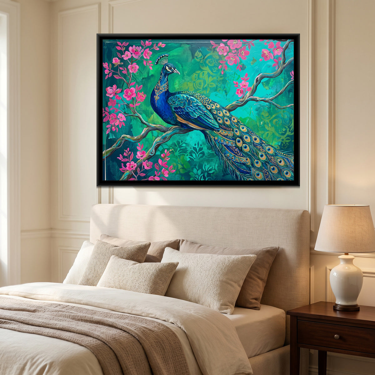 Sapphire Plumes in the Emerald Grove - canvas art shown in a second room setting
