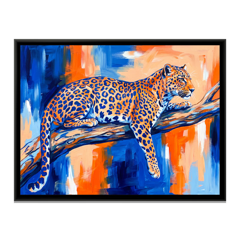 Sapphire Leopard Lounging - framed canvas print, front view