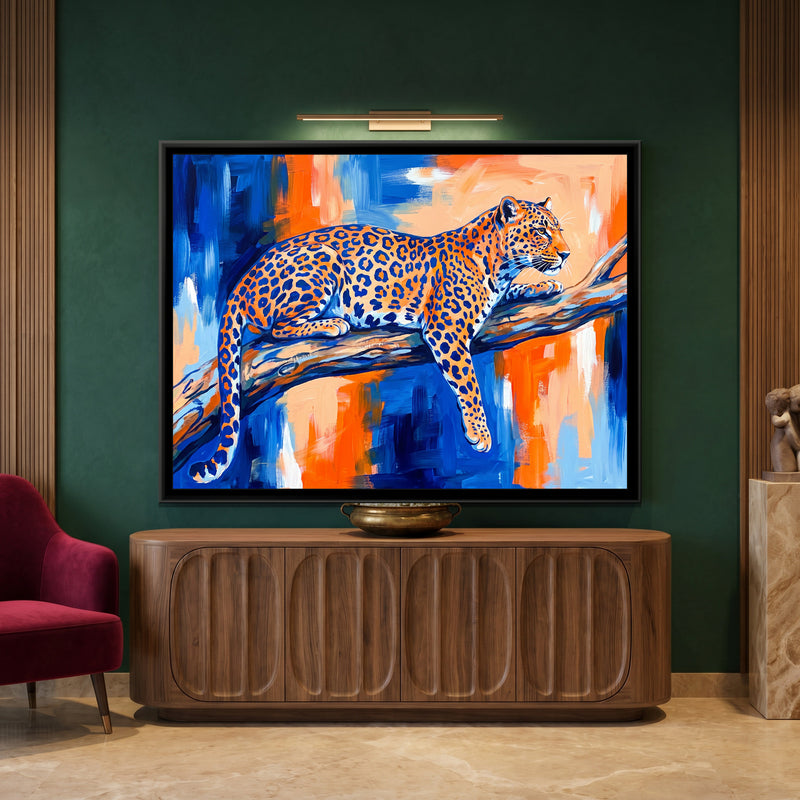 Sapphire Leopard Lounging - canvas art shown in a styled room
