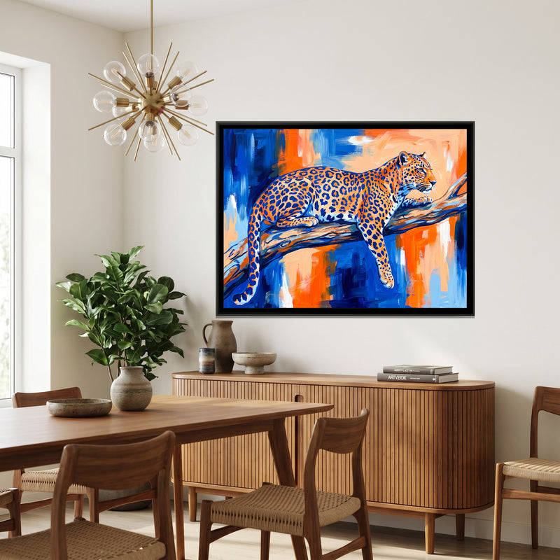 Sapphire Leopard Lounging - canvas art shown in a second room setting