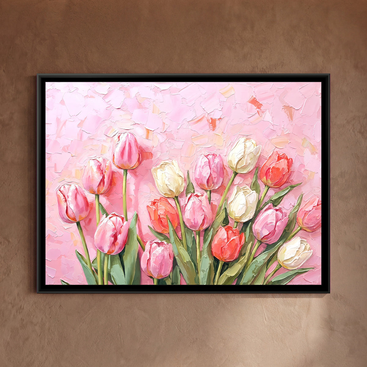 Impasto Spring Blooms - framed canvas art hung on a wall