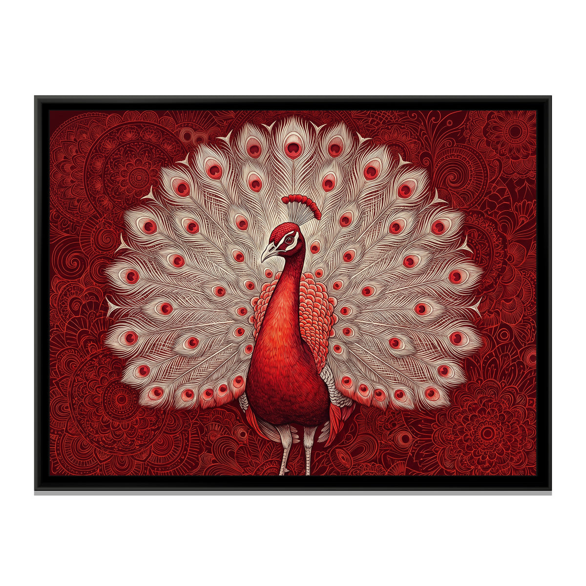 Crimson Peacock Display - framed canvas print, front view
