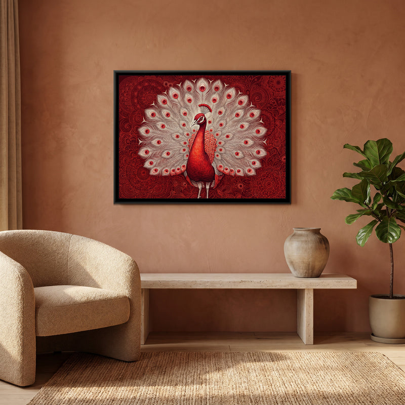 Crimson Peacock Display - canvas art shown in a styled room