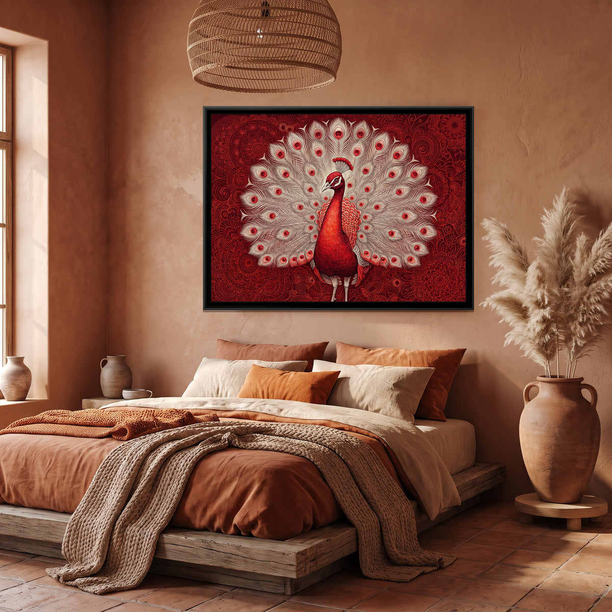Crimson Peacock Display - canvas art shown in a second room setting