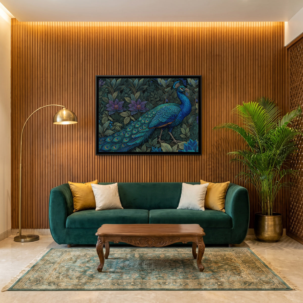 Sapphire Strut in the Grove - canvas art shown in a styled room