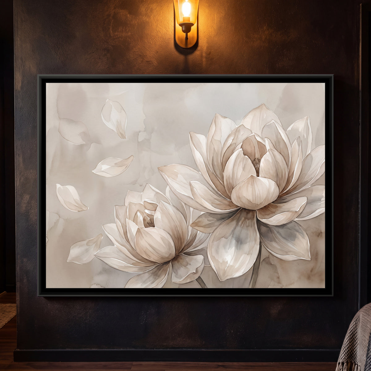 Ethereal Blooms in Taupe - framed canvas art hung on a wall