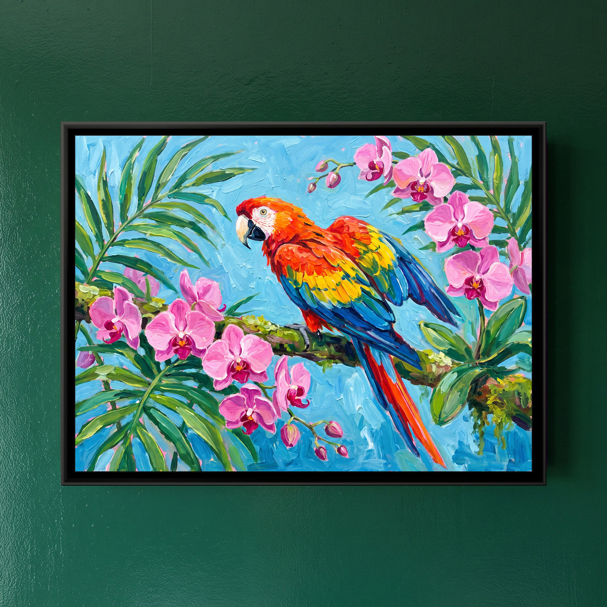 Macaw in the Canopy - framed canvas art hung on a wall