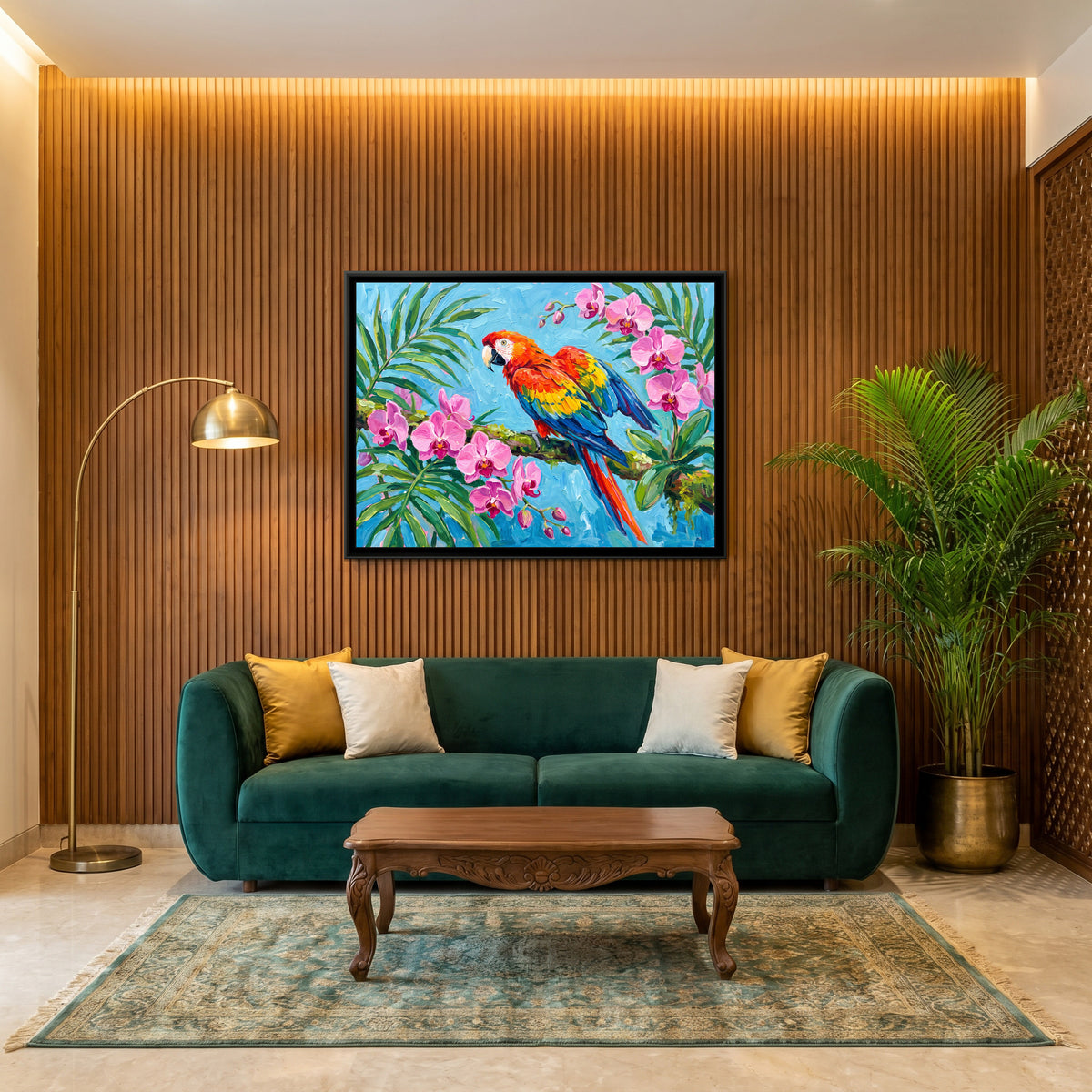 Macaw in the Canopy - canvas art shown in a styled room