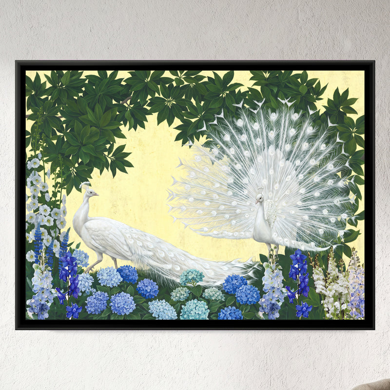 Azure Garden Peacocks - framed canvas art hung on a wall