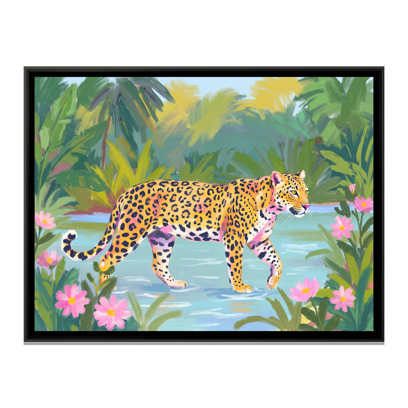 Jungle River Crossing - framed canvas print, front view