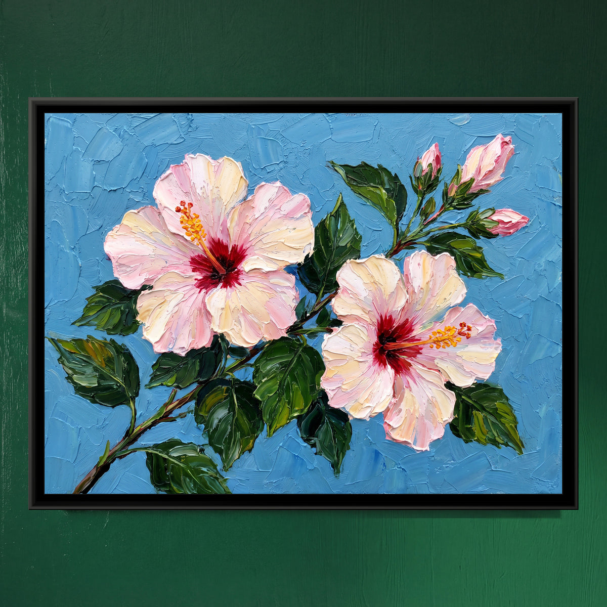 Cerulean Hibiscus - framed canvas art hung on a wall
