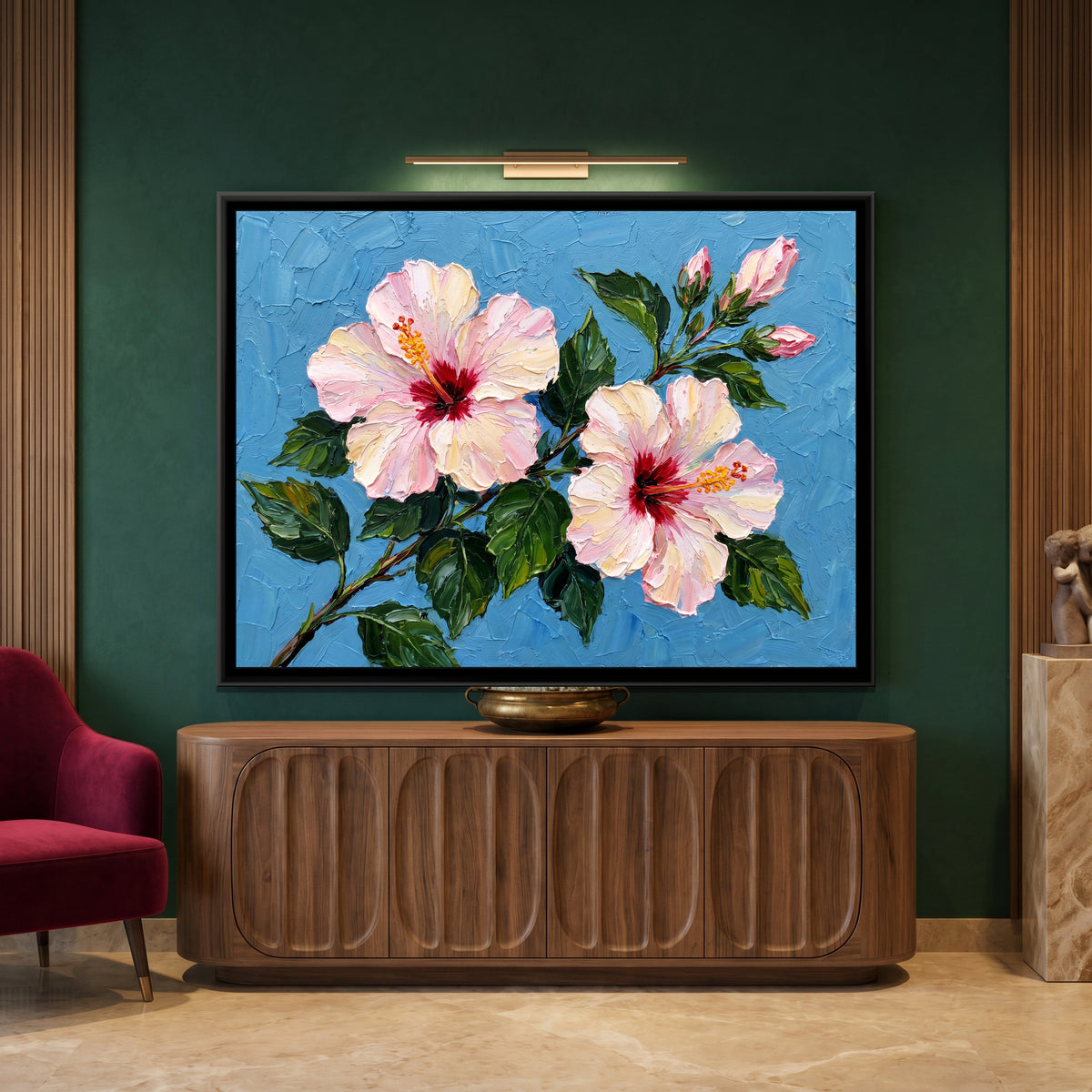 Cerulean Hibiscus - canvas art shown in a second room setting