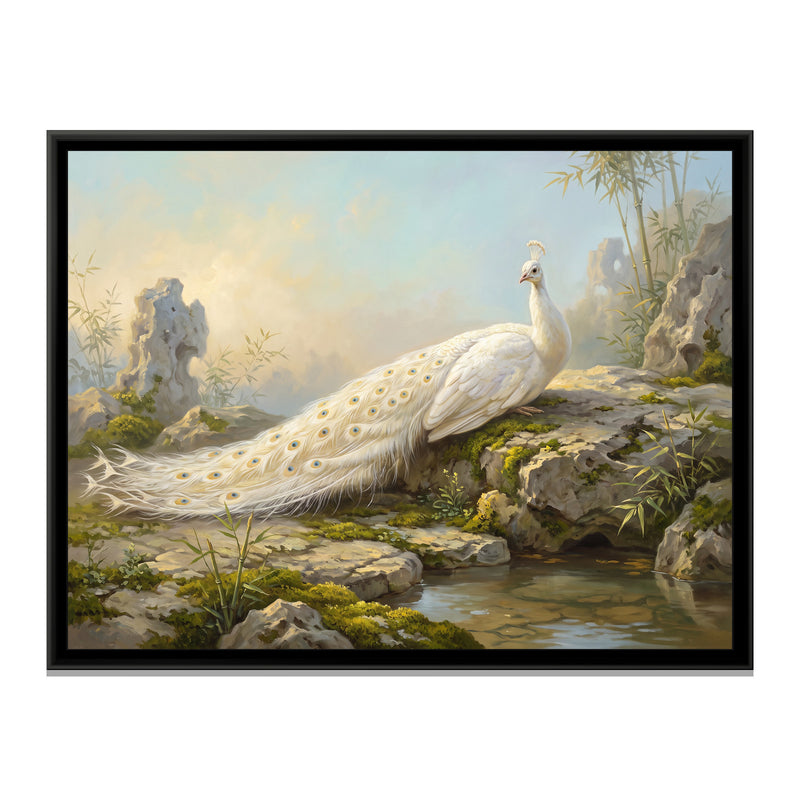 White Peacock at Rest - framed canvas print, front view