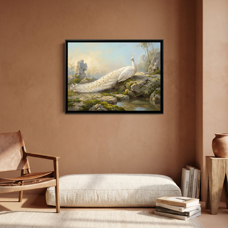 White Peacock at Rest - canvas art shown in a styled room