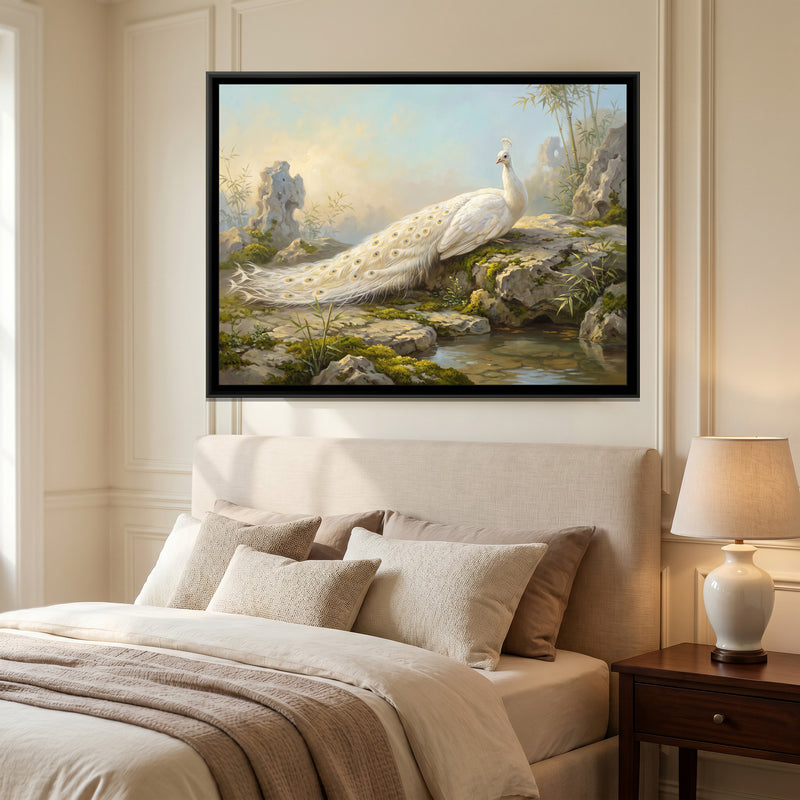 White Peacock at Rest - canvas art shown in a second room setting