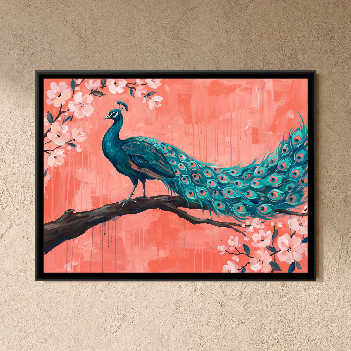 Teal Majesty on Coral Branches - framed canvas art hung on a wall