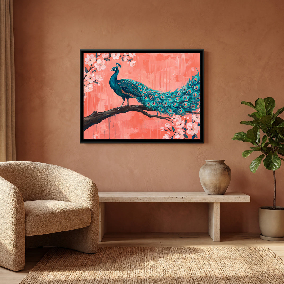 Teal Majesty on Coral Branches - canvas art shown in a styled room