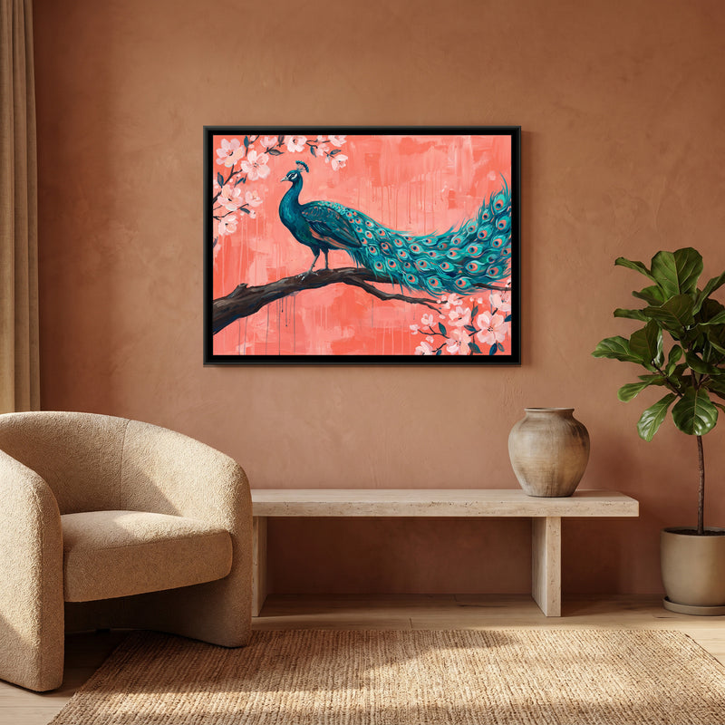 Teal Majesty on Coral Branches - canvas art shown in a styled room