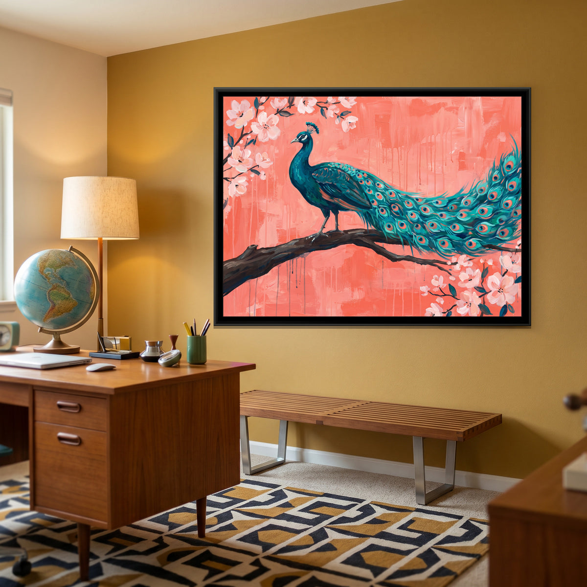 Teal Majesty on Coral Branches - canvas art shown in a second room setting