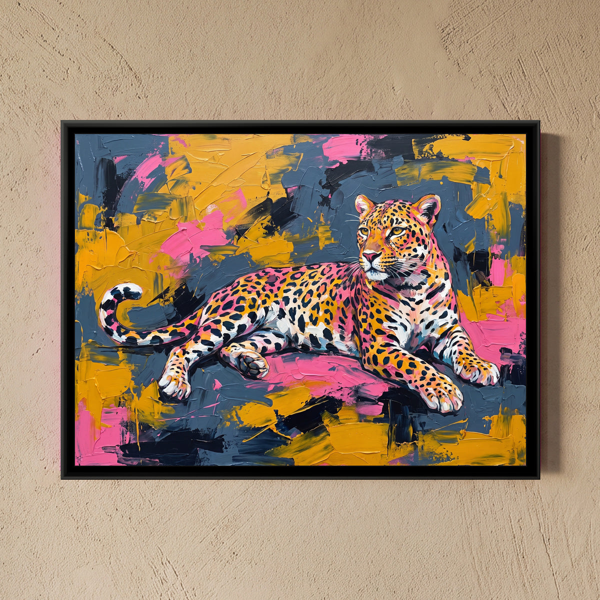 Vibrant Leopard Lounging - framed canvas art hung on a wall