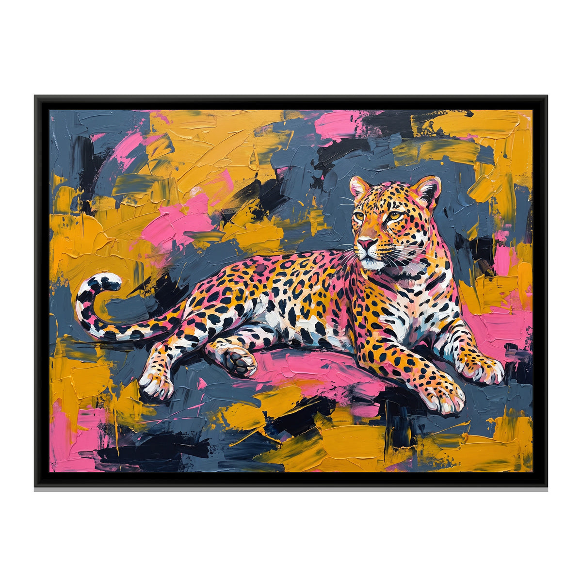 Vibrant Leopard Lounging - framed canvas print, front view