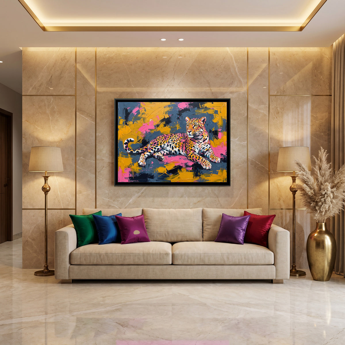 Vibrant Leopard Lounging - canvas art shown in a styled room