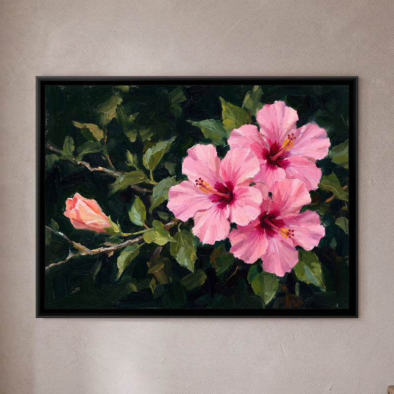 Luminous Pink Hibiscus - framed canvas art hung on a wall