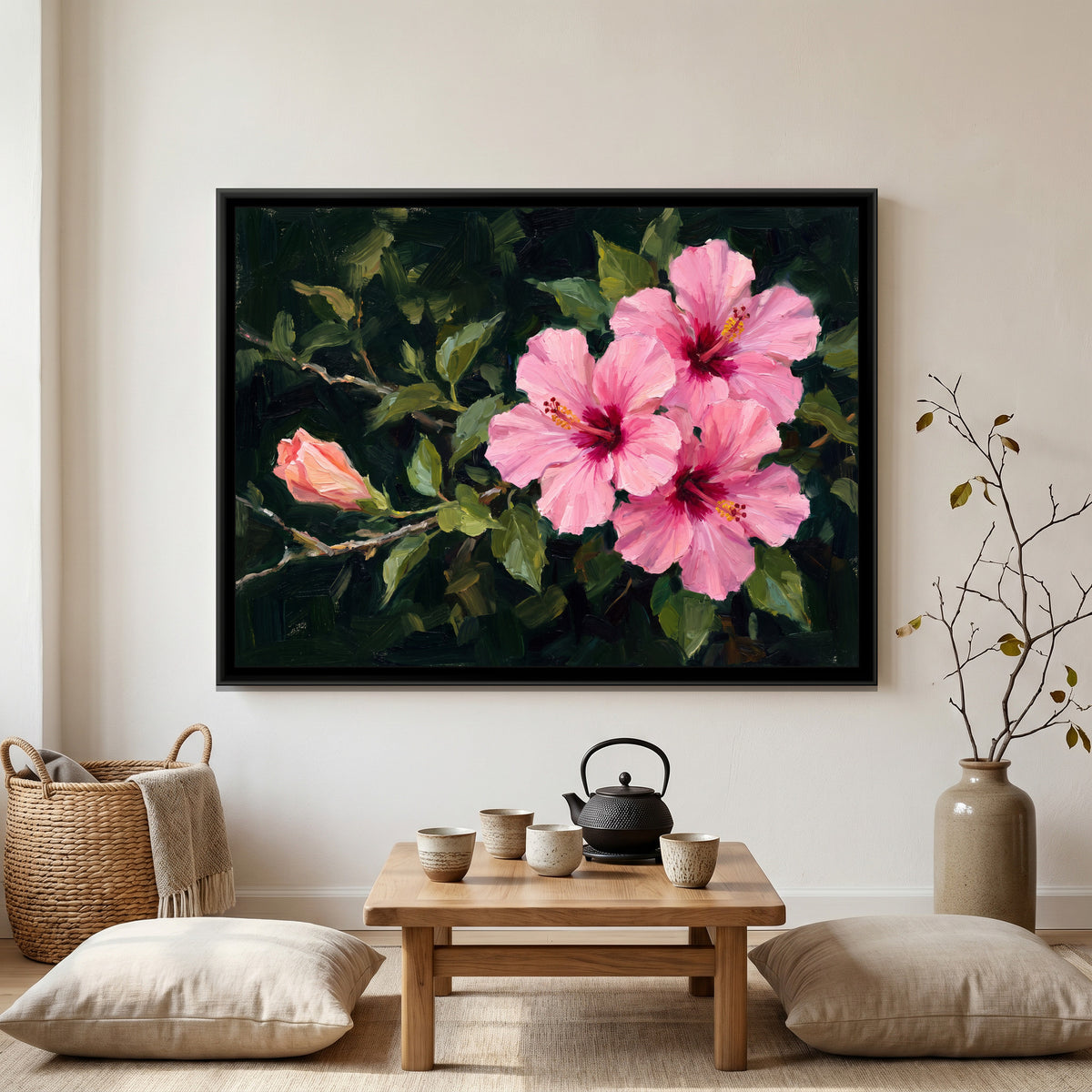 Luminous Pink Hibiscus - canvas art shown in a styled room