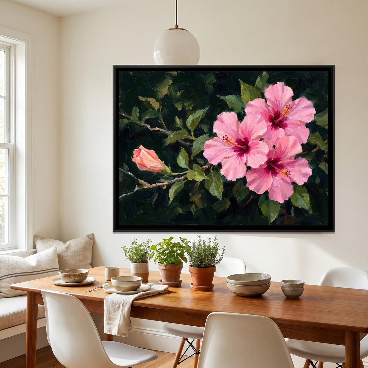 Luminous Pink Hibiscus - canvas art shown in a second room setting