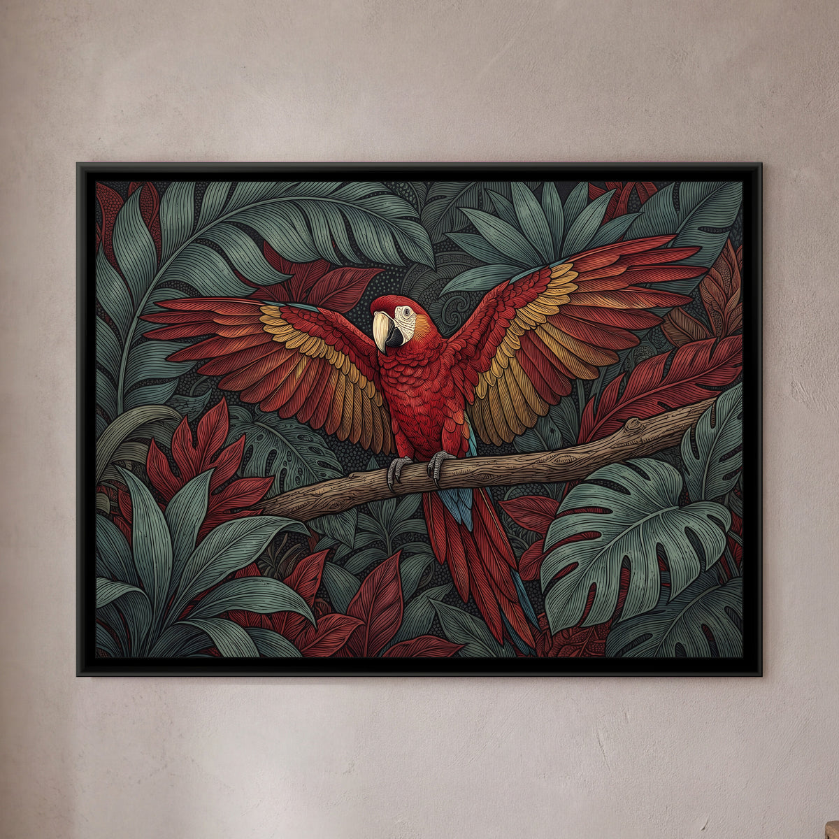 Scarlet Macaw in the Canopy - framed canvas art hung on a wall