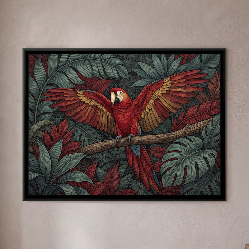 Scarlet Macaw in the Canopy - framed canvas art hung on a wall