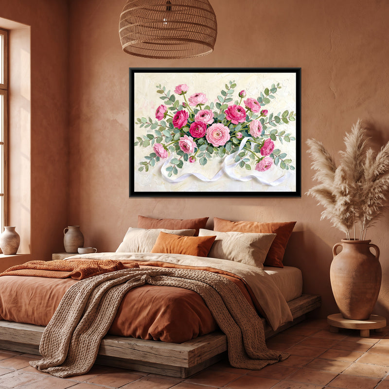 Pink Ranunculus Centerpiece - canvas art shown in a second room setting