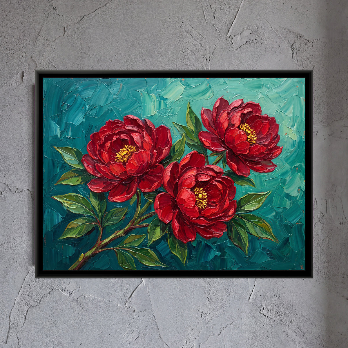 Crimson Blooms on Teal - framed canvas art hung on a wall