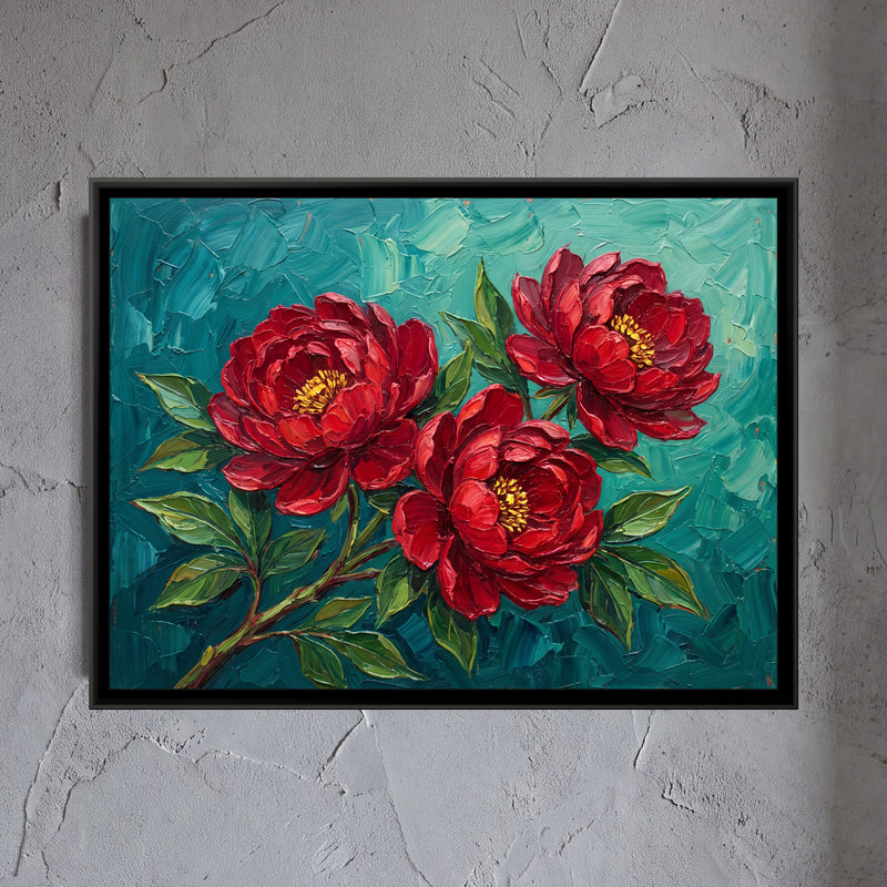Crimson Blooms on Teal - framed canvas art hung on a wall