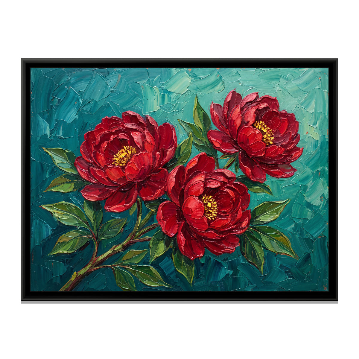 Crimson Blooms on Teal - framed canvas print, front view